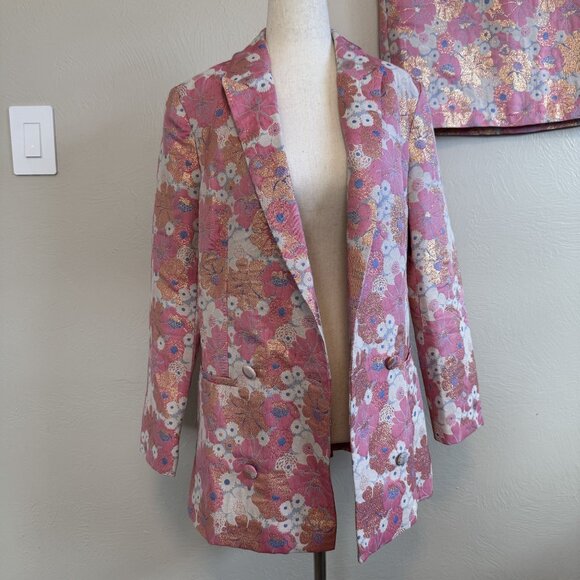 Asos Floral Metalic Set Blazer and Mini Skirt Size 4 Size 6 - Picture 2 of 6